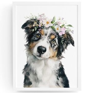 Watercolor Australian Shepherd Dog Portrait Wall Art Print, Unframed